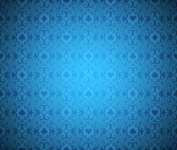 Mavi sorunsuz poker arka plan koyu damask deseni ile kartları simgeleri ile