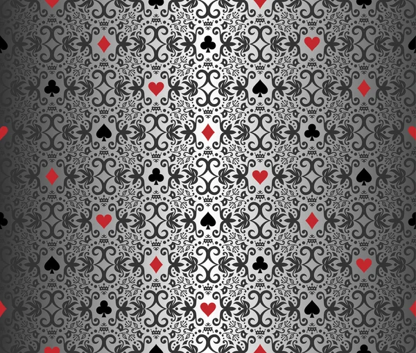 Fondo de poker de plata con patrón de damasco y símbolos de cartas — Archivo Imágenes Vectoriales