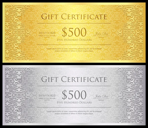 Certificat cadeau vintage en or et argent avec décoration en dentelle — Image vectorielle