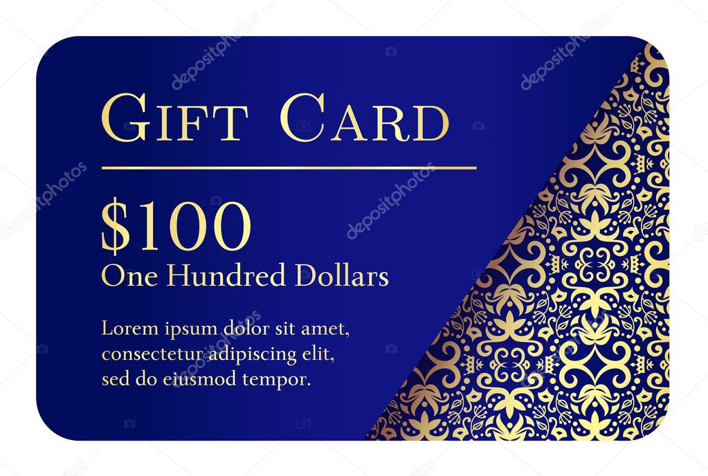 Vintage blue gift card with golden lace ornament in right corner