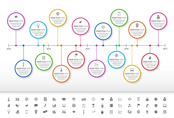 Modern rainbow timeline with circle milestones and set of icons — Stock Vector