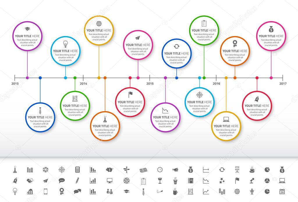 Modern rainbow timeline with circle milestones and set of icons