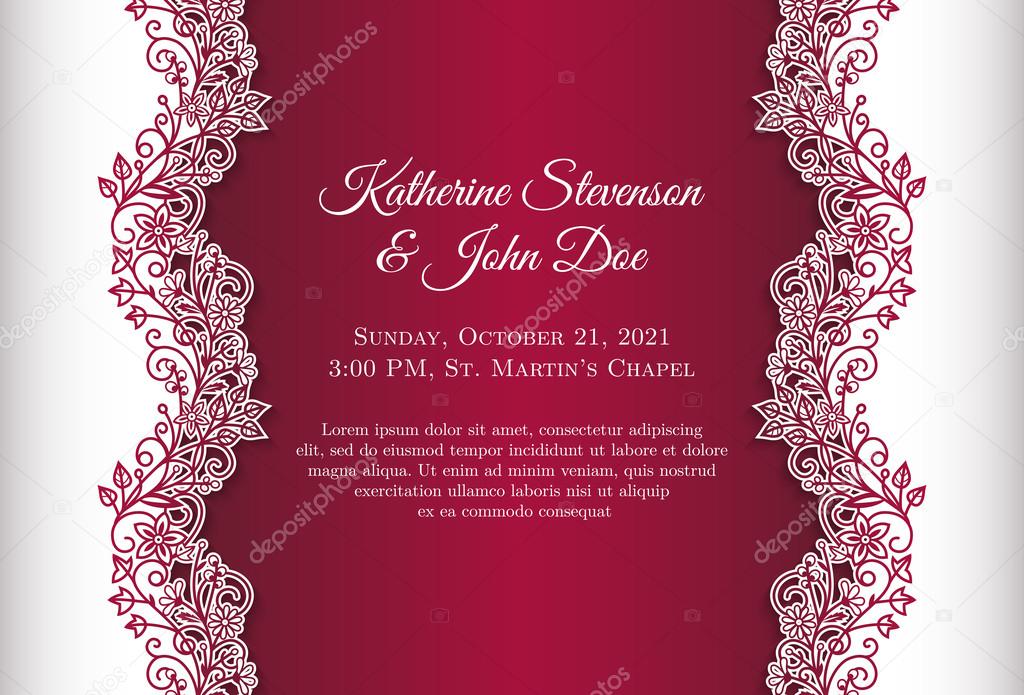 Red wedding invitation with luxury floral lace border