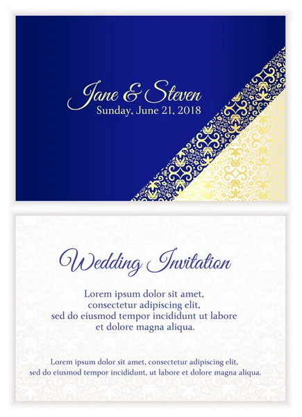 Invitación de boda azul con encaje dorado de lujo en esquina y patrón de damasco dentro de la tarjeta — Vector de stock