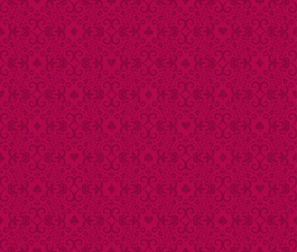 Raspberry naadloze poker achtergrond met donkere rode damast patroon en kaarten symbolen — Stockvector
