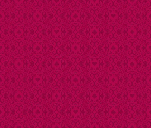 Raspberry seamless poker background with dark red damask pattern and cards symbols — Stock Illustration Raspberry seamless poker background with dark red damask pattern and cards symbols Stock Illustration