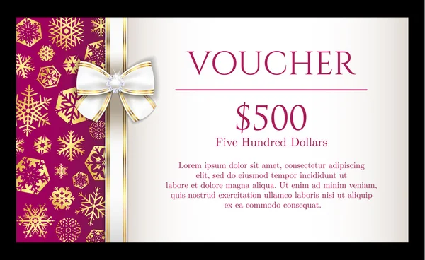 Luxury Christmas voucher with golden snowflakes on purple background and with white ribbon — Stock Vector