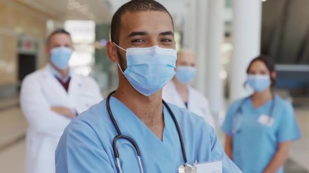 Confident Male Nurse Front His Medical Team Looking Camera Wearing — Stock Video