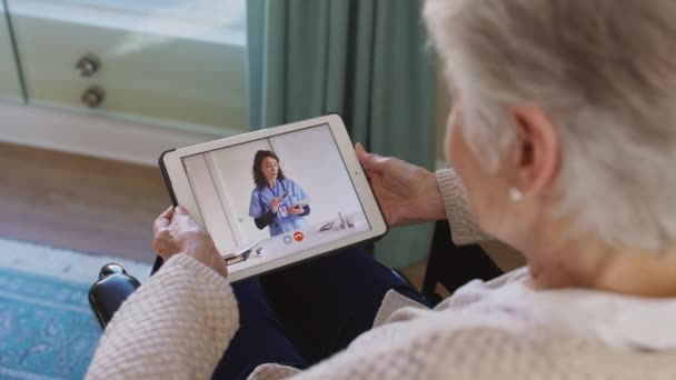 Old Woman Wheelchair Using Digital Tablet Online Consultation Her Doctor — Stock Video