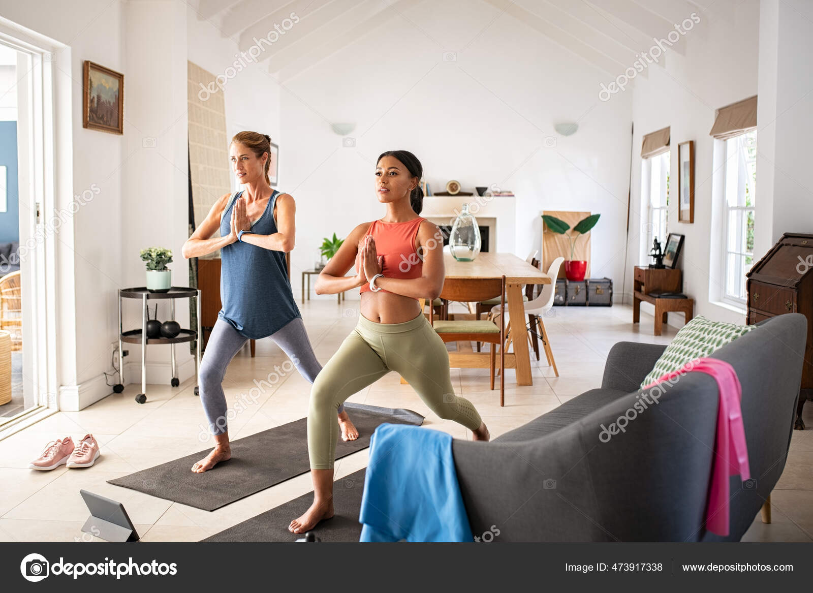 Beautiful Mature Woman Friends Practicing Yoga Home Sporty Fit African  Stock Photo by ©ridofranz 473917338