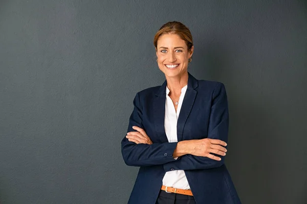 Confident Mature Woman Crossed Arms Formal Clothing Copy Space Looking — Stock Photo, Image