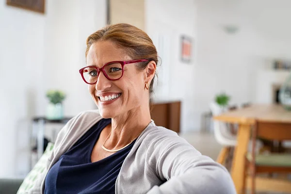 Middle Aged Woman Spectacles Relaxing Couch Home Living Room Mature — Stock Photo, Image