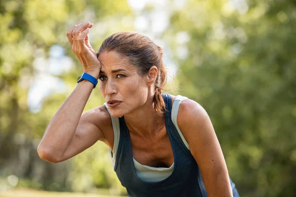 Exhausted Mature Woman Jogging Catching Her Breath Sweaty Middle Aged — Stock Photo, Image