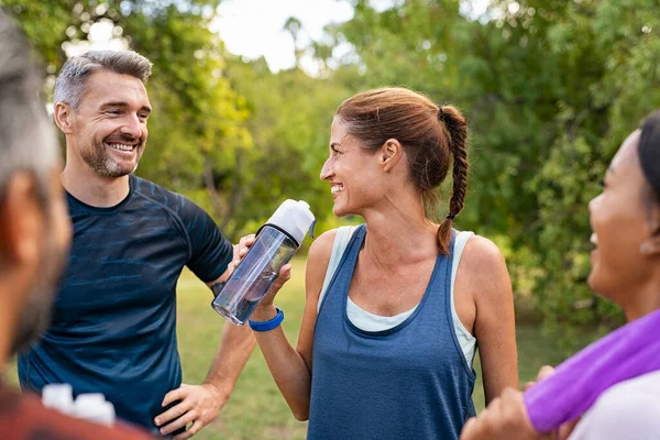 Sporty Middle Aged Woman Drinking Water Bottle Fitness Exercise Mature — Stock Photo, Image