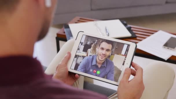 Mature Businessman Talking Colleague Video Call Digital Tablet Business Partners — Stock Video