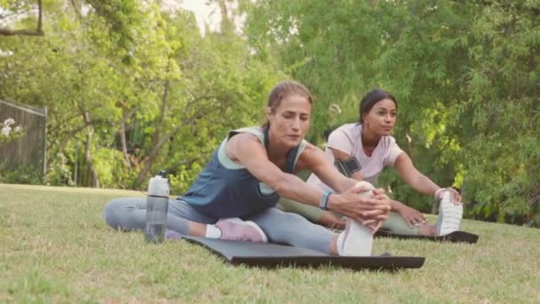 Dos Mujeres Maduras Estirando Las Piernas Después Hacer Ejercicio Parque — Vídeo de stock