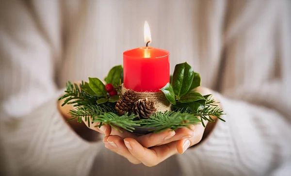 Close Young Woman Hands Holding Red Christmas Candle Festive Decor — Stock Photo, Image