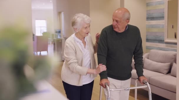 Elderly Woman Help Her Husband Walking Using Walker Nursing Home — Stock Video