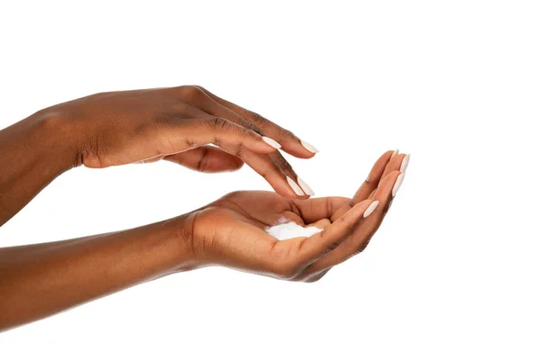 Close Female African Woman Applying Organic Cream Hand Detail Hands — Stock Photo, Image