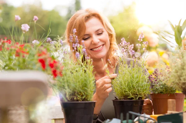 Glad kvinna trädgårdsskötsel — Stockfoto