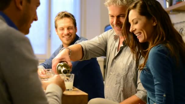 Amigos felices brindando con copas de vino en casa — Vídeo de stock