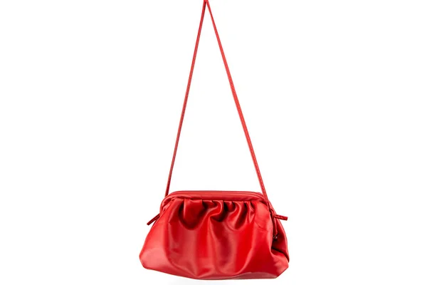 Women Handbag Hanging White Background Beautiful Luxurious Bright Red Leather — Stock Photo, Image