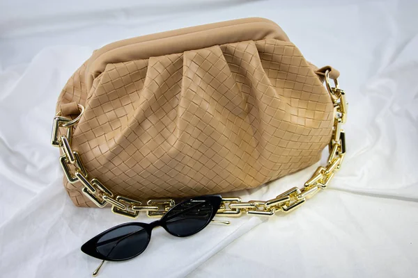 Women Handbag Black Sunglasses White Background Leather Bag Gathered Fabric — 스톡 사진