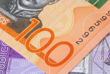 Dominik Cumhuriyeti Pesos 'a yakın. Karayip ülkesinin kağıt banknotları. Seri numarasının detaylı bir şekilde ele geçirilmesi. Ayrıntılı para arkaplan duvar kağıdı.