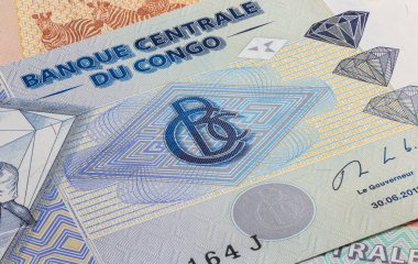 Kongo Cumhuriyeti Frangı 'na yakın. Afrika ülkesinin kağıt banknotları. Banka logosu BCC 'nin ayrıntılı yakalanması. Detaylı para arka plan duvar kağıdı. Kongo Frankı Kapat