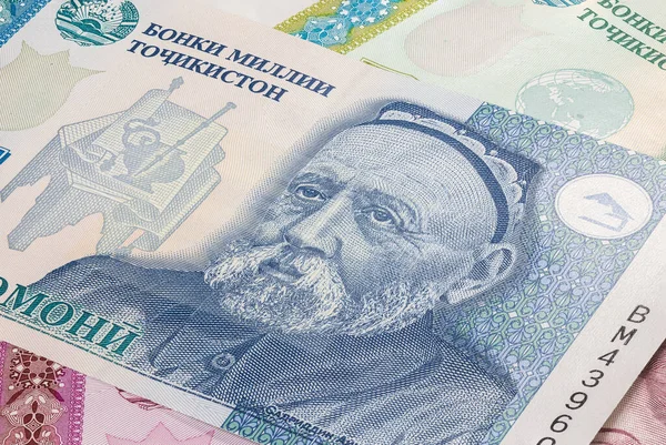 Tacikistan Cumhuriyeti 'nden Somoni' ye yakın. Asya ülkesinin kağıt banknotları. Ön tasarımın detaylı bir görüntüsü. Detaylı para arka plan duvar kağıdı. Para birimi Tajikistani somoni
