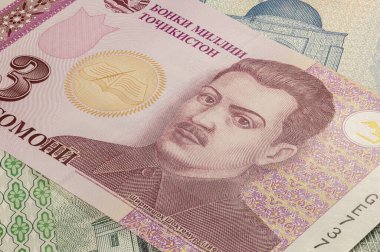 Tacikistan Cumhuriyeti 'nden bir Somoni' ye yakın. Asya ülkesinin kağıt banknotları. Ön tasarımın detaylı bir görüntüsü. Detaylı para arka plan duvar kağıdı. Para birimi Tajikistani somoni