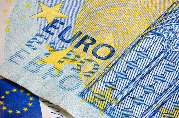 Vinte Macro Fragmentos Notas Euro Foto Perto Uma Parte Nova — Fotografia de Stock