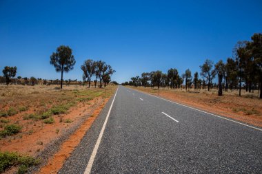 Avustralya 'daki Stuart Highway. Avustralya taşrasında hiçliğe giden yol. Uluru ya da Ayers Kayası 'na giden yol üzerindeki Stuart Otoyolu. Avustralya 'nın engin düz kırsalından geçen boş bir cadde. Manzara üzerinde geniş açı görüntüsü