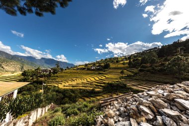 Himalaya 'daki Bhutan manzarasının geniş açılı manzarası. Bhutan 'daki Punakha Dzong Manastırı' nda çekildi. Mavi gökyüzü ve beyaz bulutlarla destansı bir manzara. Mutlu insanların ülkesi