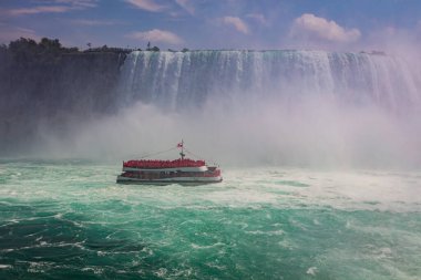 Etkileyici Niagara Şelalesi manzarası. At nalı şelalenin Kanada tarafından düşüyor. Büyük su bulutlu gökyüzünün altına düşer. Dökülen suyun utancı.