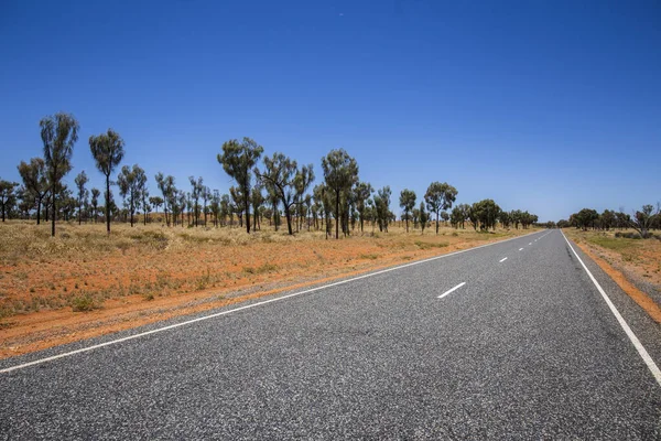 Avustralya 'daki Stuart Highway. Avustralya taşrasında hiçliğe giden yol. Uluru ya da Ayers Kayası 'na giden yol üzerindeki Stuart Otoyolu. Avustralya 'nın engin düz kırsalından geçen boş bir cadde. Manzara üzerinde geniş açı görüntüsü
