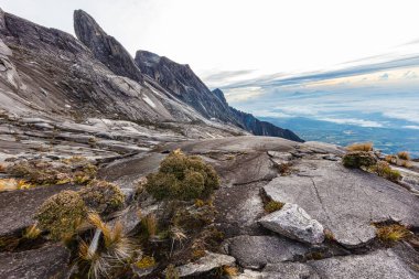 Kinabalu Dağı 'nın zirvesinde, Sabah, Borneo, Malezya. Kinabalu Dağı, Kota Kinabalu 'dan 50 km uzaklıktaki Güney Doğu Asya' nın en yüksek dağı olan deniz seviyesinden 4095 metre yüksekliktedir.