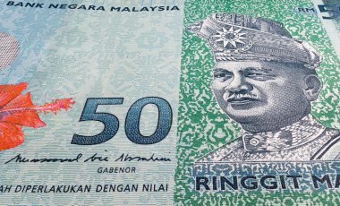 50 Ringgit Malezya 'nın süper makro fotoğrafı. RM 50 banknotuna aşırı yakın çekim. Ortadaki büyük 50. Bir tarafta kırmızı amber çiçeği diğer tarafta ilk Malezyalı Agong..