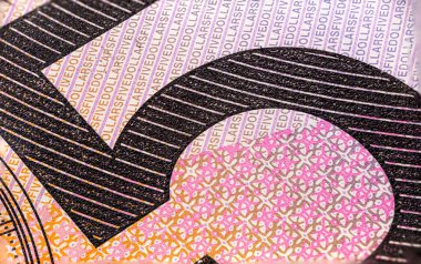 5 dolarlık Avustralya banknotundaki oymanın Macro Fotoğrafı. Avustralya 5 dolarlık banknota çok yakın. Avustralya Rezerv Bankası 'nın polimer para birimi. Oymalı Avustralya bayrağı.