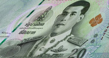 20 Tayland baht banknotunun makro fotoğrafı. Tayland banknotlarının detaylarını detaylıca inceledim. Tayland 'ın parası. 20 Baht, Tayland 'ın yeni kralının portresiyle. 