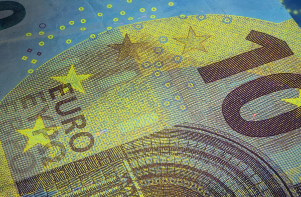 Tíz Eurobankjegy Fluoreszkáló Fénnyel Közelkép Európai Pénzről Fluor Fénnyel Megvilágítva — Stock Fotó
