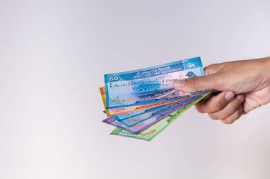 Sri Lanka Rupisi kadınların elinde. Kadın eli Sri Lanka Rupie 'nin parasını gösteriyor. Sri Lanka 'nın parasını tutan kızların elleri. Asya parası. Bir Sri Lanka Rupi hayranına yaklaş.