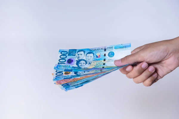 Fan Philippinischer Peso Banknoten Weiblicher Hand Frauenhände Zeigen Philippinische Pesos — Stockfoto