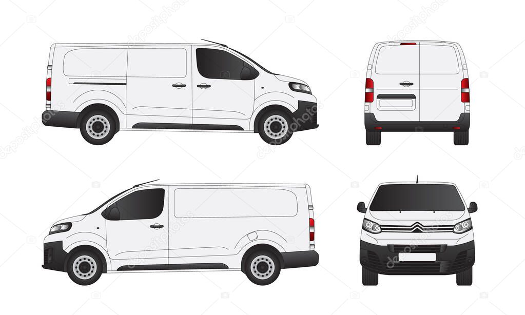 Commercial cargo delivery vehicle, van in detailed vector illustration, mockup template in front, rear and side views