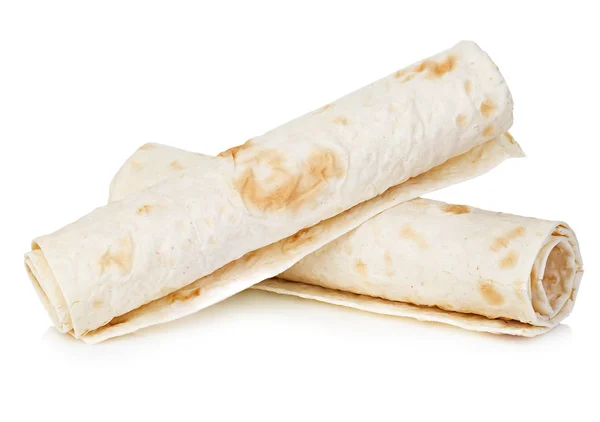Tarwe ronde tortilla's close-up geïsoleerd op een witte achtergrond. Lavash. Stockafbeelding