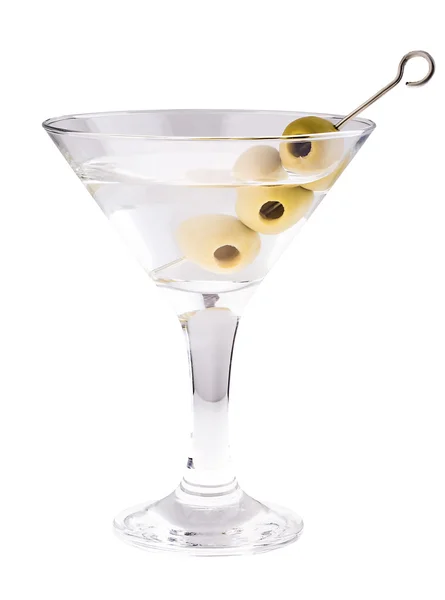 Delicious cocktail with olives in martini glass on a white background. — Stock Photo, Image