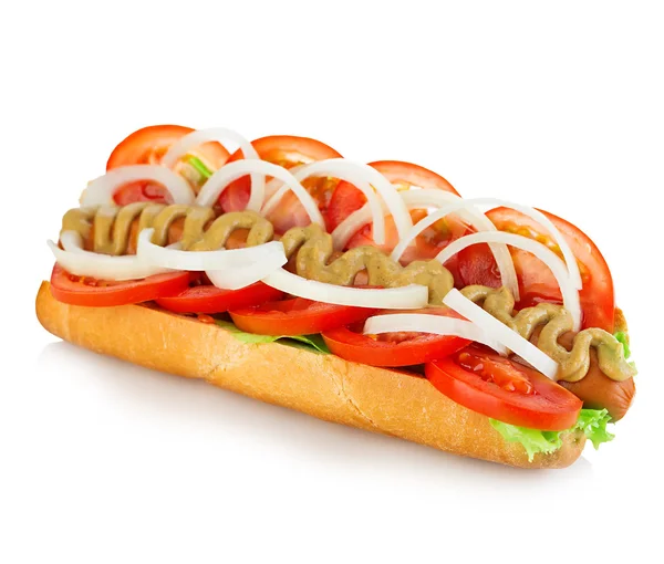 American style hot dog with lettuce, onion and tomato close-up on white background. Fast food. — Stock Photo, Image