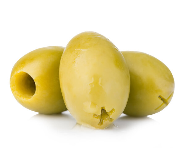 Three green olives isolated on white background.
