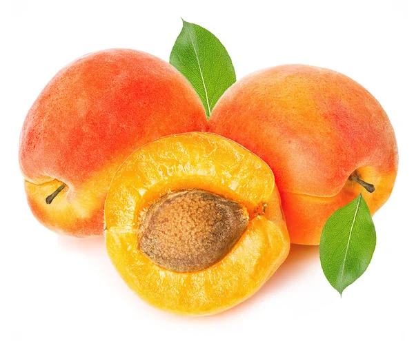 Ripe apricots with leaf isolated on a white background, with clipping path. — Stock Photo, Image