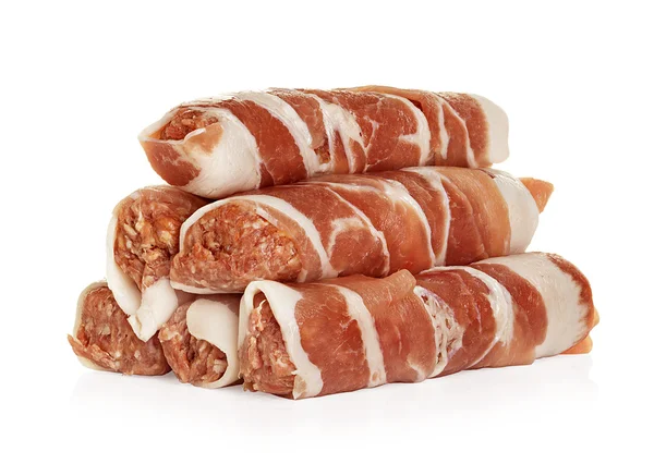 Sausages wrapped in bacon, chevapchichi isolated on white background — Stock Photo, Image